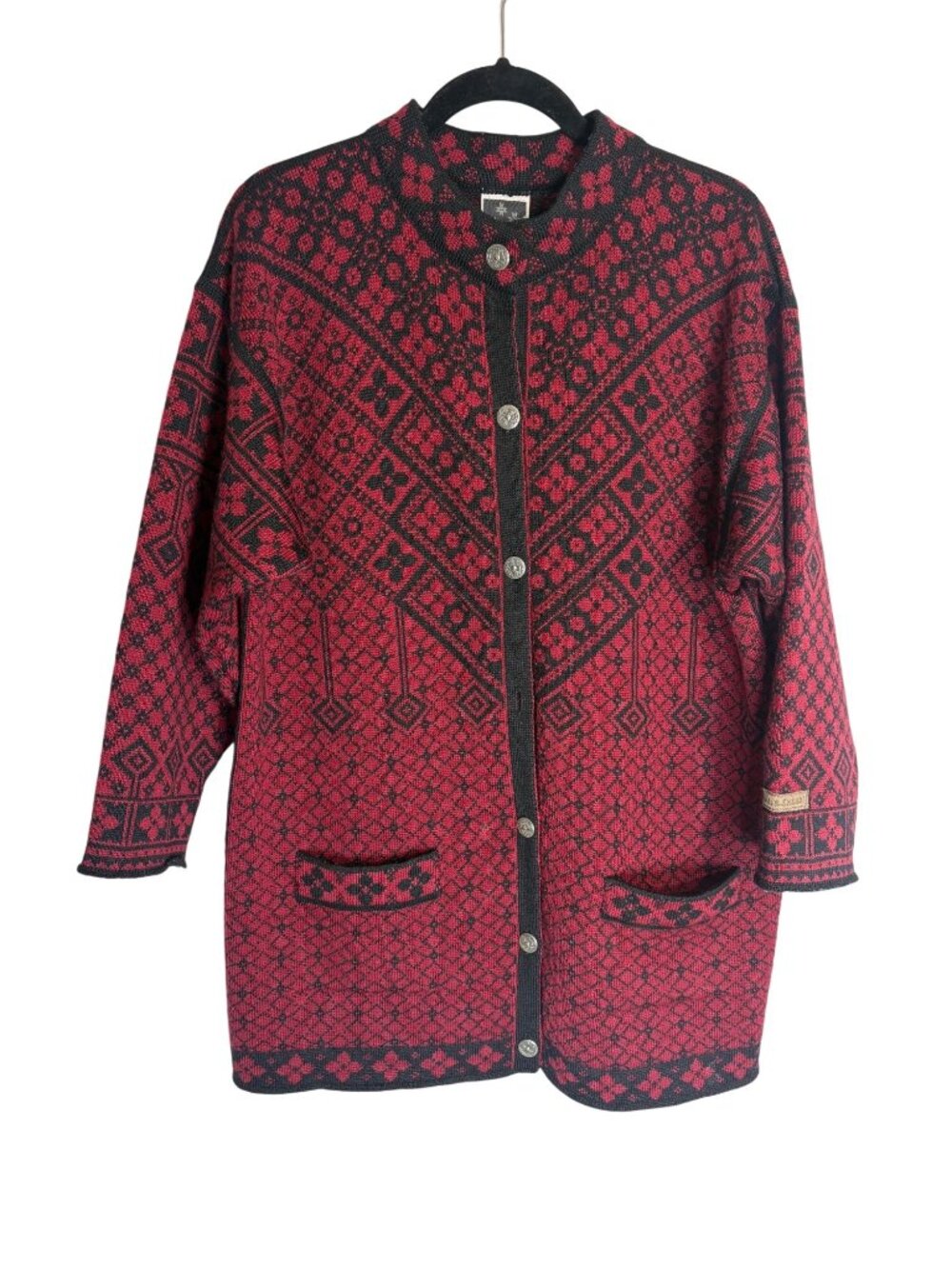 Dale Of Norway Red & Black Wool Cardigan Sweater Nordic Pattern Button Front-sz